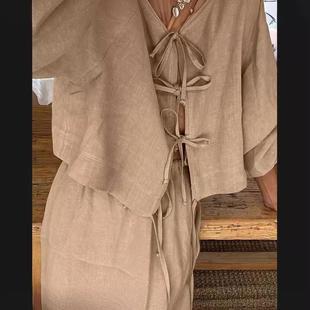 Top hollow lace long sleeve round neck brown skirt casual