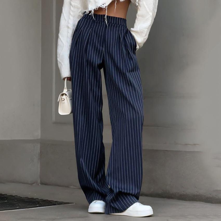 Navy blue striped wide leg pants womens casual suit pants