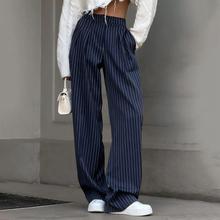 Navy blue striped wide leg pants womens casual suit pants
