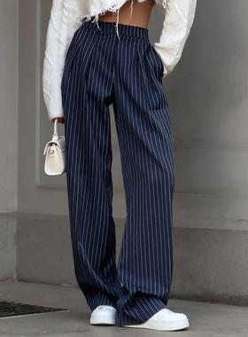 Navy blue striped wide leg pants womens casual suit pants