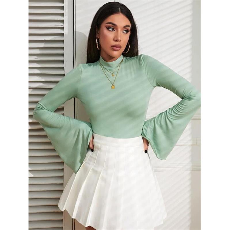 T-shirt sleeve flared sleeve long fit slim collar stand-up