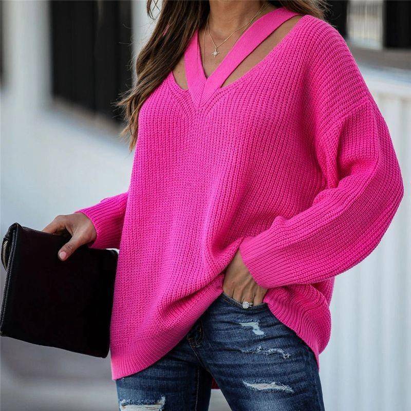 large color sweater knitted loose temperament V-neck