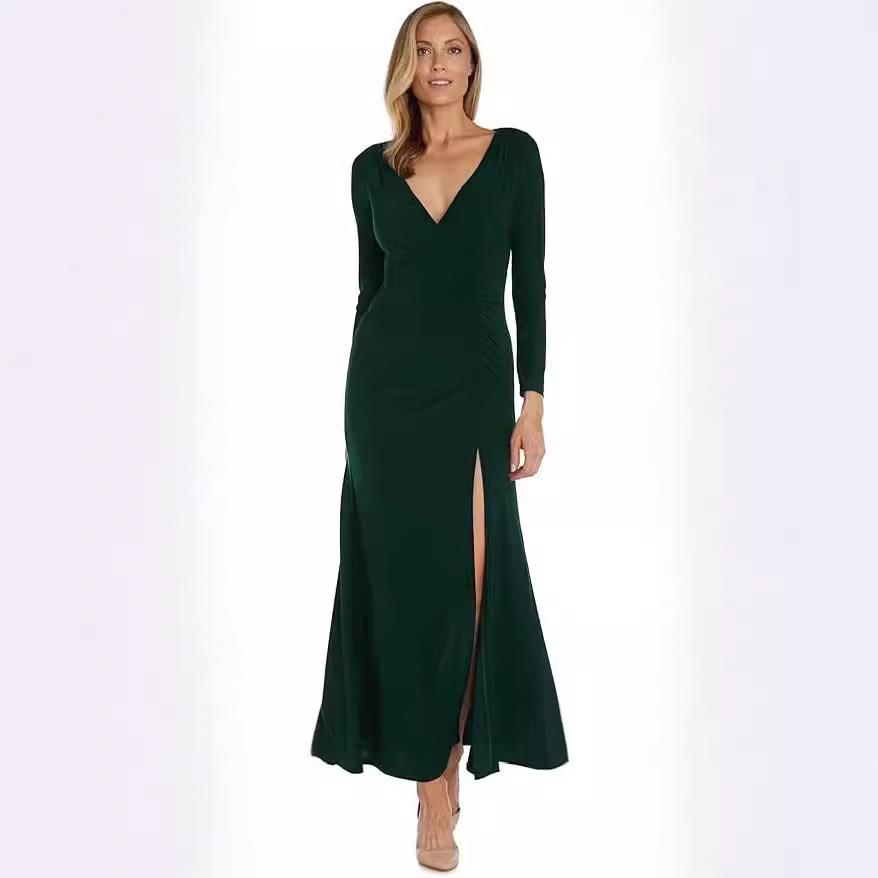 Womens Dress Sleeve Long Slits Side and Ruches Side Neck V