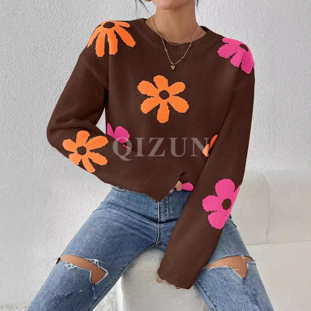 loose color pullover intarsia sweater women sleeve neck