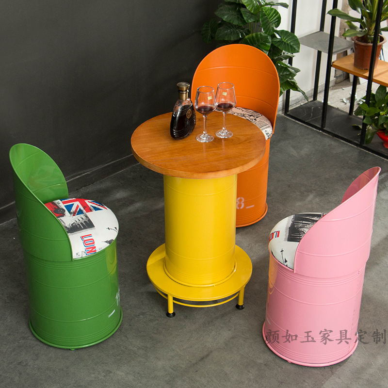 复古工业风铁艺做旧圆凳椅子咖啡厅酒吧椅奶茶店创意油桶桌椅组合