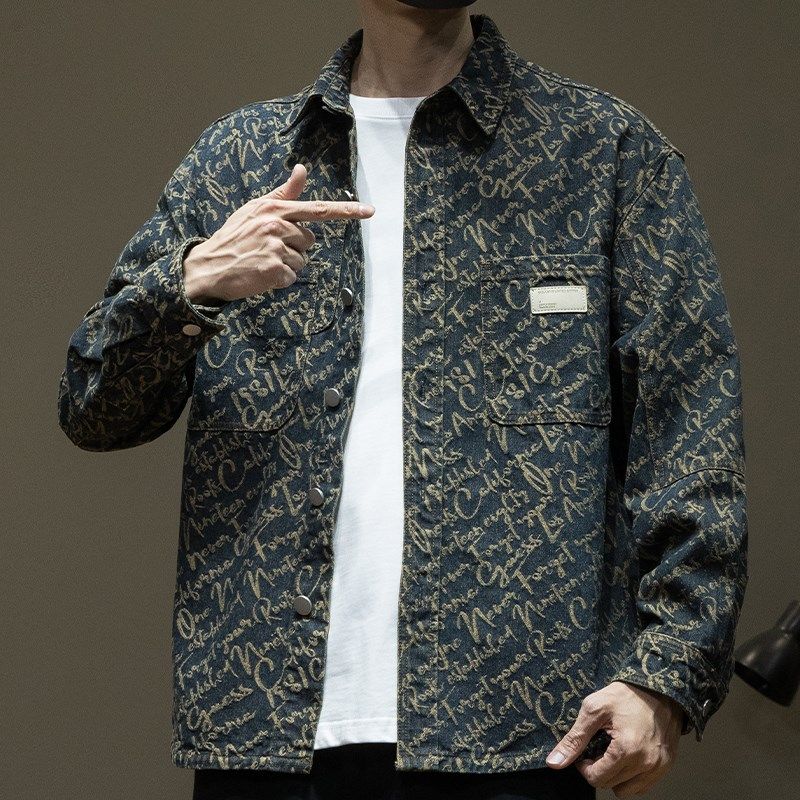 希越高端满身印牛仔衬衫男2024春季新款宽松大码翻领外套男士夹克,男装,牛仔衬衫,淘宝优惠券,粉丝福利购,淘宝优惠卷