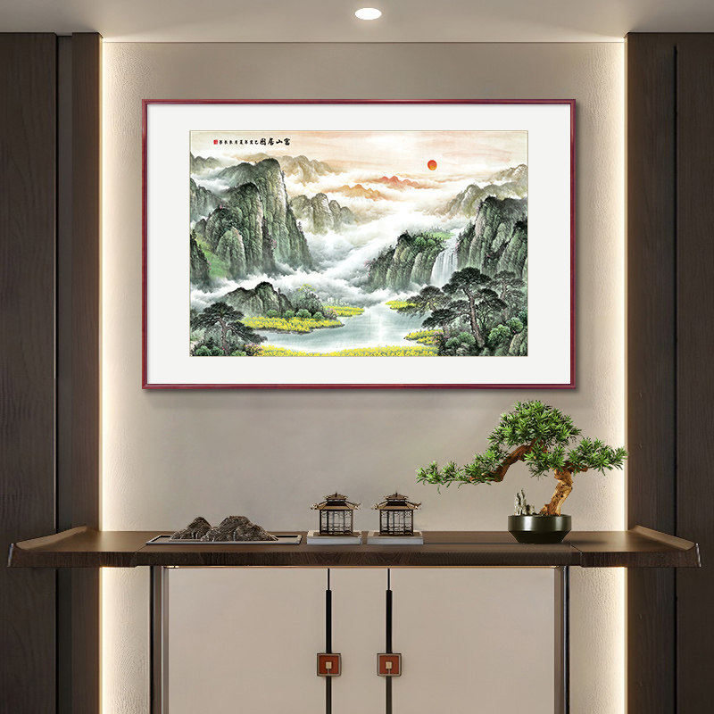 聚宝盆山水画横版玄关挂画新中式小幅实木西墙客厅走廊饭厅装饰画