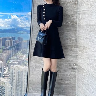 针织连衣裙小个子冬季打底秋冬2024年新款内搭中长款黑色毛衣裙子