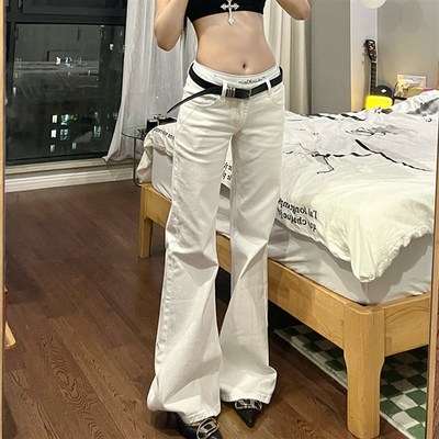 E7Q8 美式低腰美少女经典显瘦白色水洗微喇阔腿牛仔裤拖地休闲裤