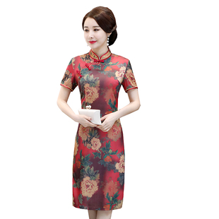 中年夏款妈妈短袖优雅旗袍连衣裙中老年女装40岁50中长款修身裙子