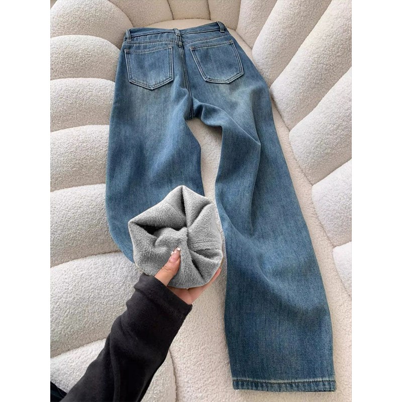复古蓝加绒加厚保暖宽松直筒牛仔裤女秋冬新款高腰显瘦窄版阔腿裤