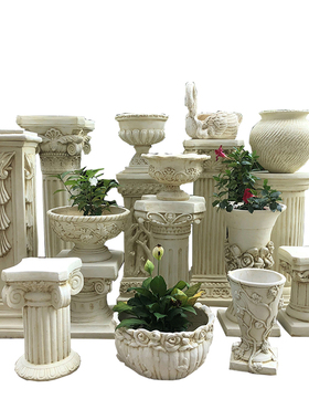 欧式罗马柱摆件边几落地装饰仿石膏复古花架花园花盆底座婚庆路引