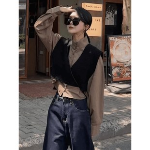 早秋穿搭套装 叠穿针织马甲上衣两件套 女士2024新款 高级感条纹衬衫