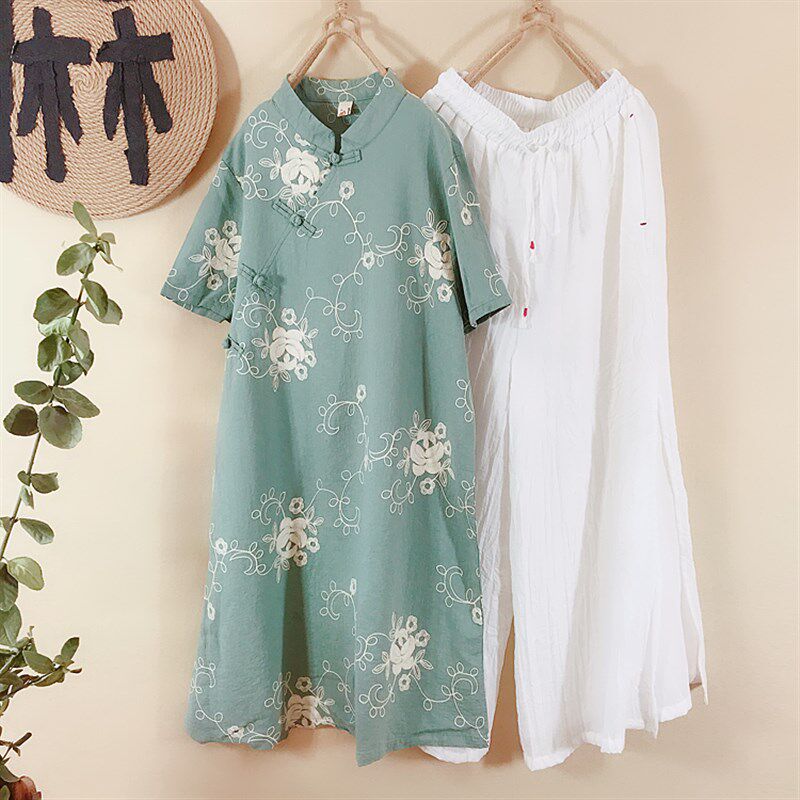 提花立领旗袍裙中国风复古斜襟盘扣绣花大码连衣裙阔腿裤套装夏装