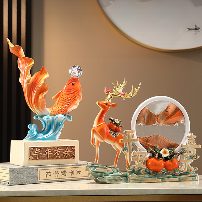 中式年年有余鱼摆件客厅电视柜酒柜流沙画福鹿家居装饰品乔迁礼物图片