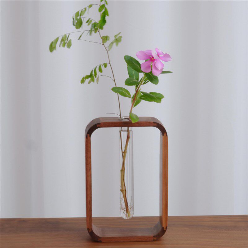 北美黑胡桃实木试管花瓶客厅透明玻璃桌面摆件富贵竹绿萝水培花器
