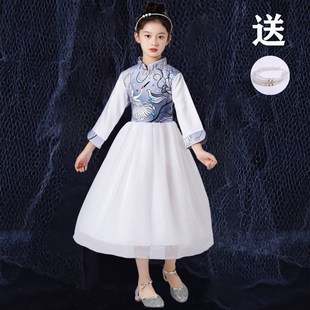 儿童古筝演出服女童白色长裙中小学生诗歌朗诵大合唱表演服中国风