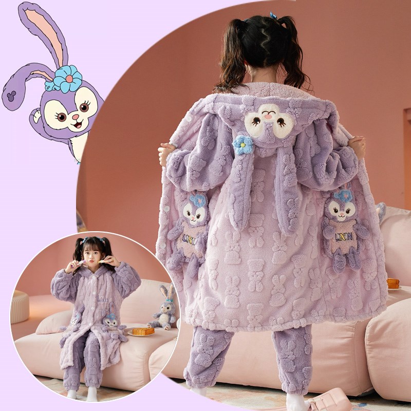 儿童睡衣法兰绒卡通比卡丘冬天加厚长款睡袍男女大童宝宝珊瑚毛绒