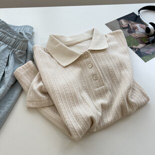 新款 温柔复古短袖 女麦穗显瘦弹力针织t恤2024夏季 polo衫 学生 短袖