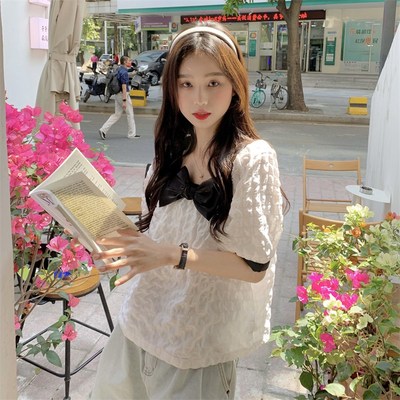 大码胖妹妹法式方领蝴蝶结衬衣女装夏季新款衬衫宽松泡泡短袖上衣