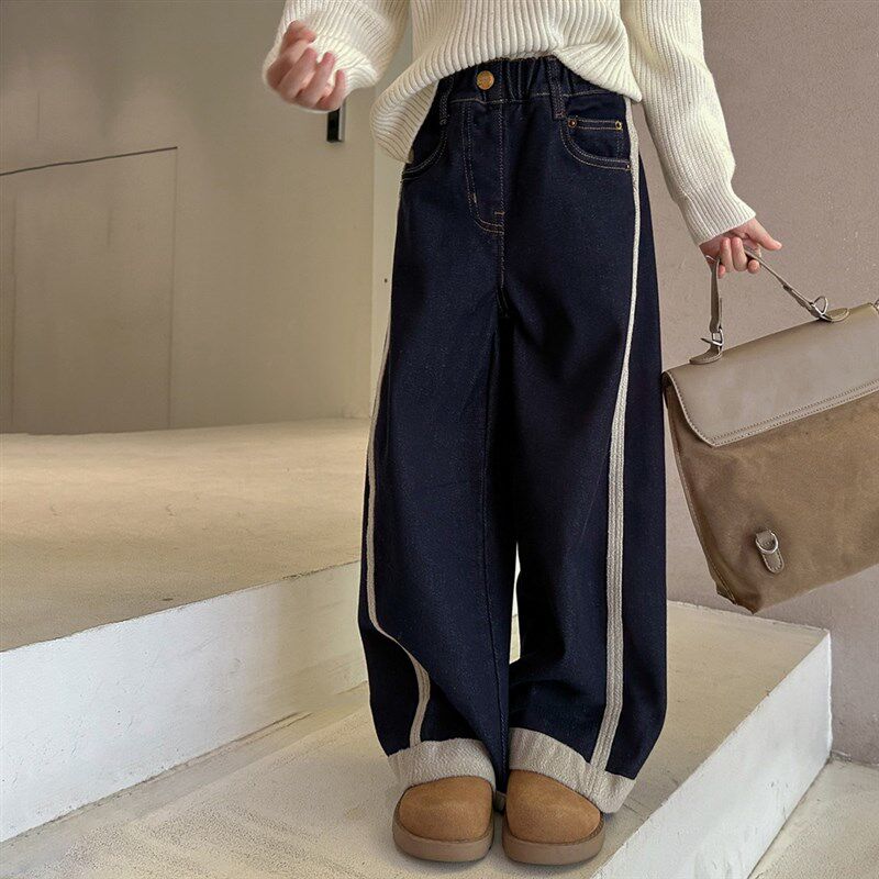 女童阔腿裤牛仔裤加绒加厚秋冬中大童百搭学生儿童宽松休闲裤子