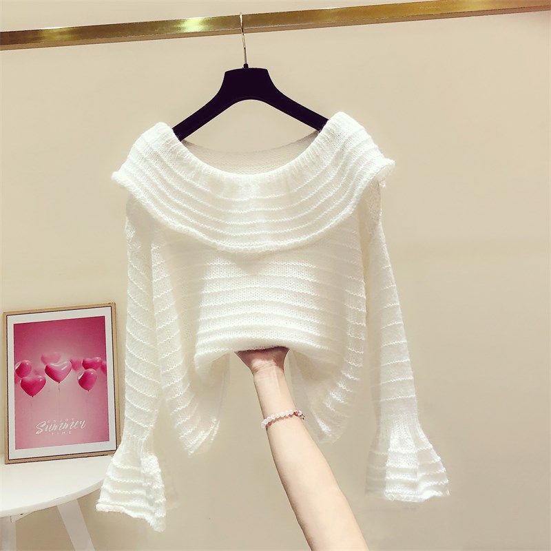 2025秋冬新款时尚性感露肩一字领喇叭袖洋气针织衫女休闲毛衣上衣,女装/女士精品,毛针织衫,淘宝优惠券,粉丝福利购,淘宝优惠卷