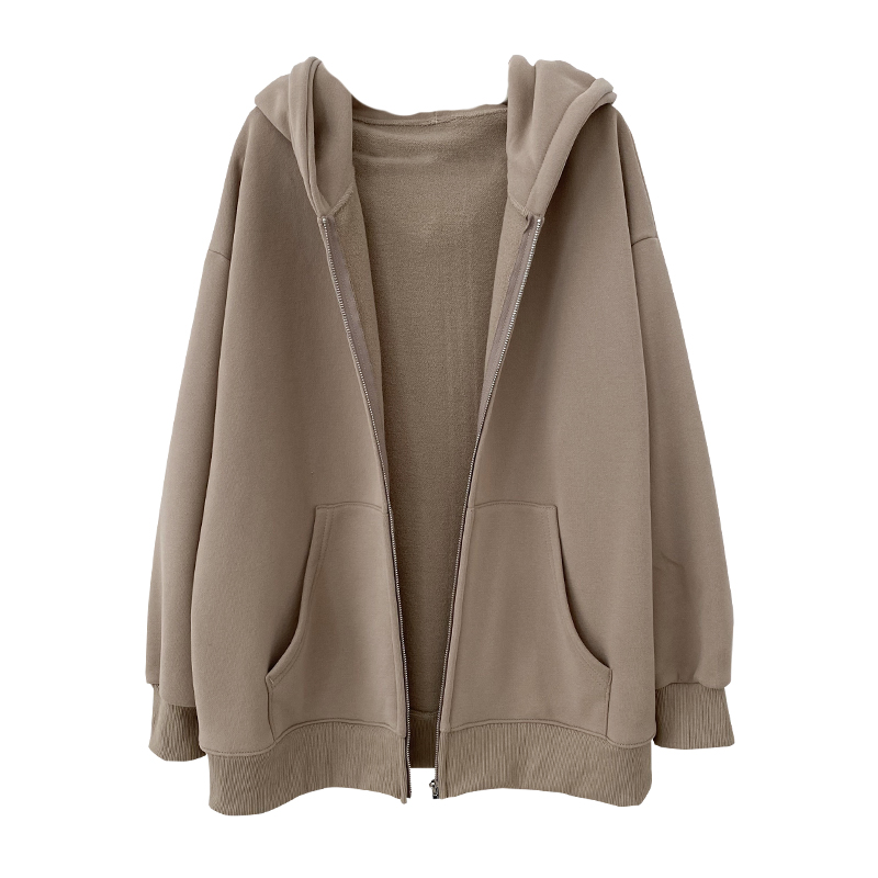 奶茶色外套女2022秋冬新款加绒卫衣宽松休闲连帽开衫长袖上衣薄绒
