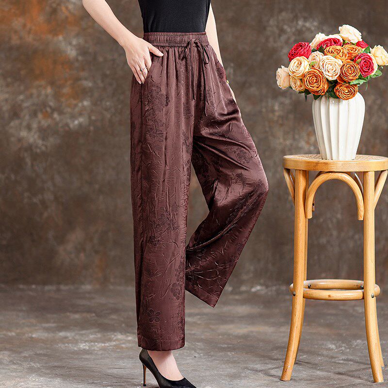 妈妈休闲裤女2024夏季新款高腰定染系带宽松直筒裤显瘦阔腿裤子