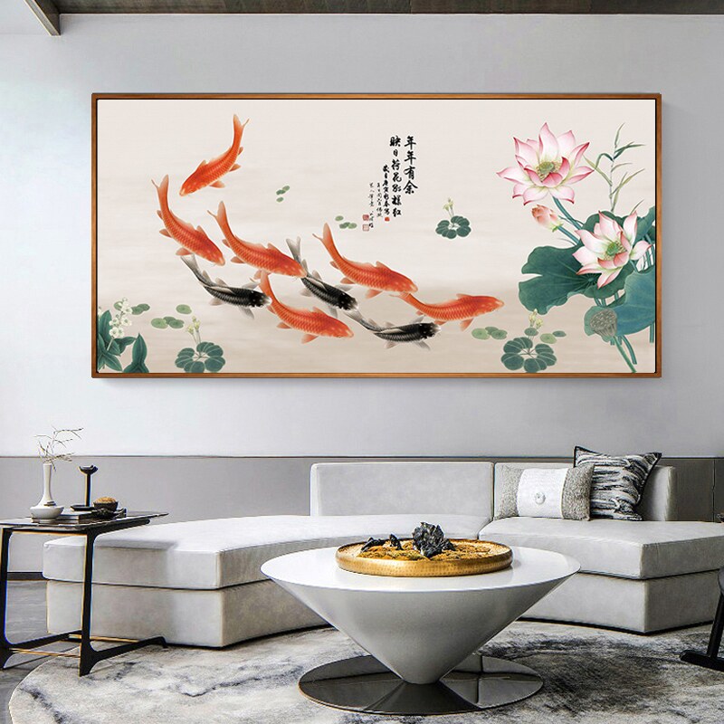 新中式客厅装饰画荷花九鱼图壁画 可订做尺寸晶瓷画 中式风格沙发