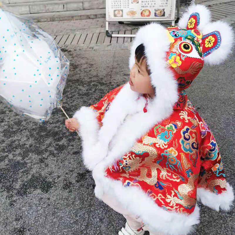 [壹和织道]中国风宝宝虎头披肩婴儿冬季红斗篷小孩百天周岁唐装礼