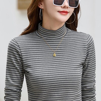 纯棉半高领打底衫女秋冬修身上衣 洋气加厚保暖内搭条纹t恤女长袖