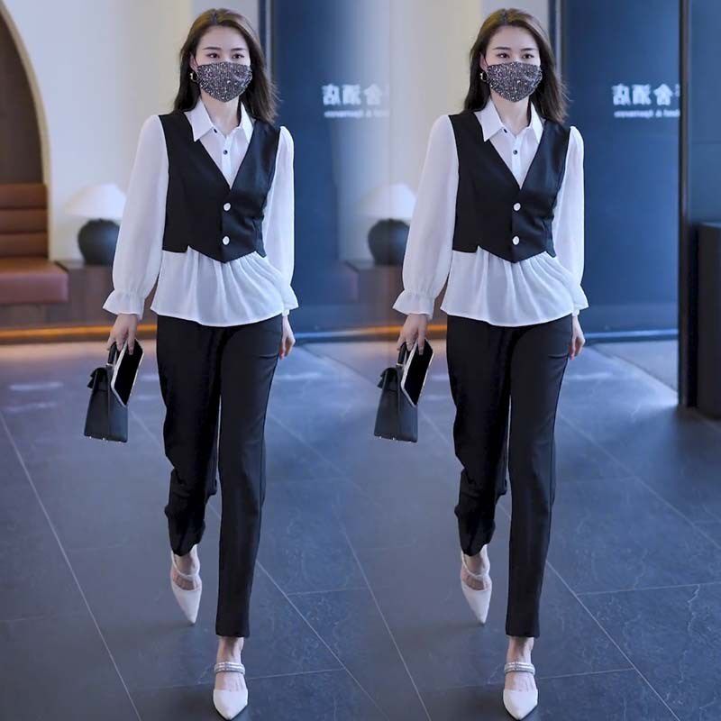 2024新款女装春款套装时尚洋气时髦假两件马甲衬衫加长裤子两件套