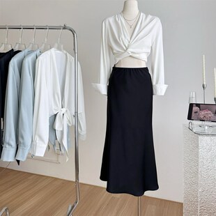 法式高级感气质v领长袖衬衫上衣秋季高腰半身裙名媛风两件套装女