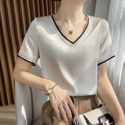 夏季高端真丝雪纺衫蕾丝短袖t恤女2025年新款短款宽松显瘦白上衣1
