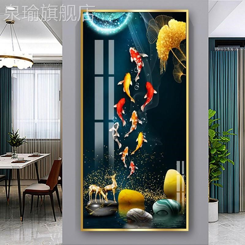 网红中式五福临葫芦九鱼新图进屋玄关装饰画门竖版餐厅走廊挂画墙
