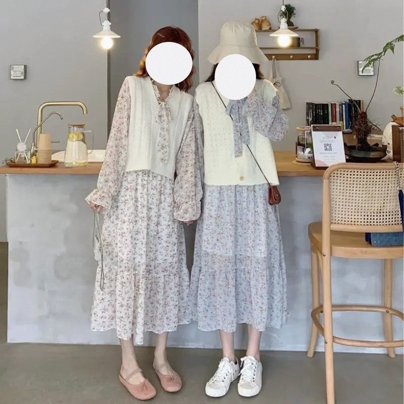 单件/套装春秋新款闺蜜装裙子法式长袖碎花连衣裙+针织马甲两件套