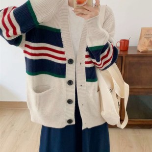 撞色条纹慵懒风宽松毛衣外套女23年秋冬韩版 新款 休闲百搭针织开衫