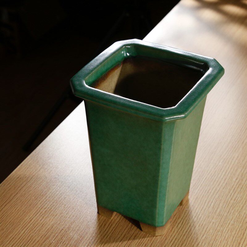 新款高档精品名家秦夕洪切面四方款宽口高签筒绿釉兰花盆景紫砂盆