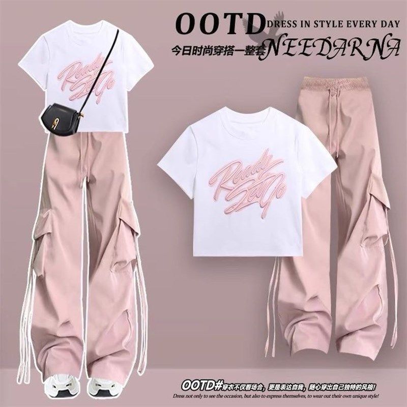 女童夏季套装2024新款夏装短袖t恤12岁3中大童学生网红洋气工装裤