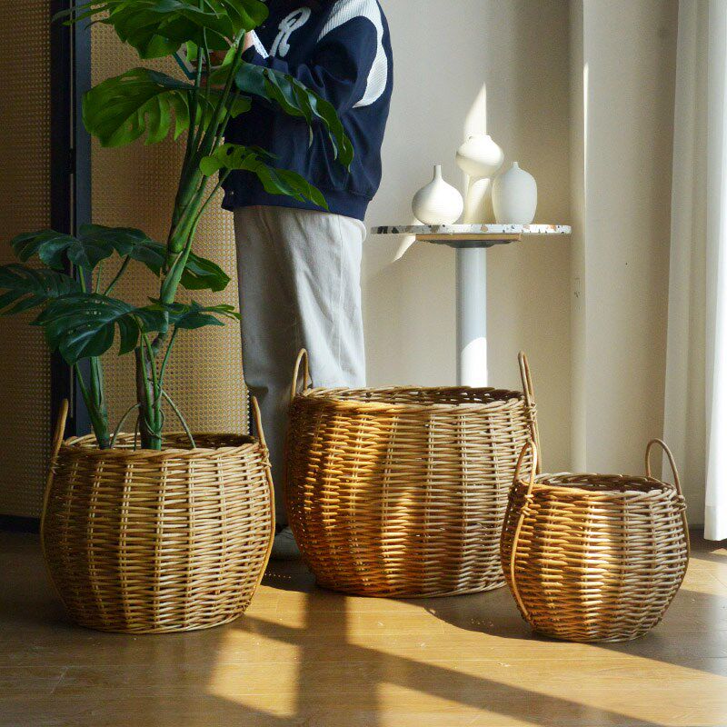 藤编花篮手工柳编花盆客厅家居饰品家用简约大号落地绿植花筐装饰