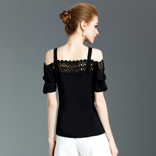 一字领吊带荷叶边露肩一字肩上衣蕾丝小衫夏黑色洋气短袖雪纺衫女