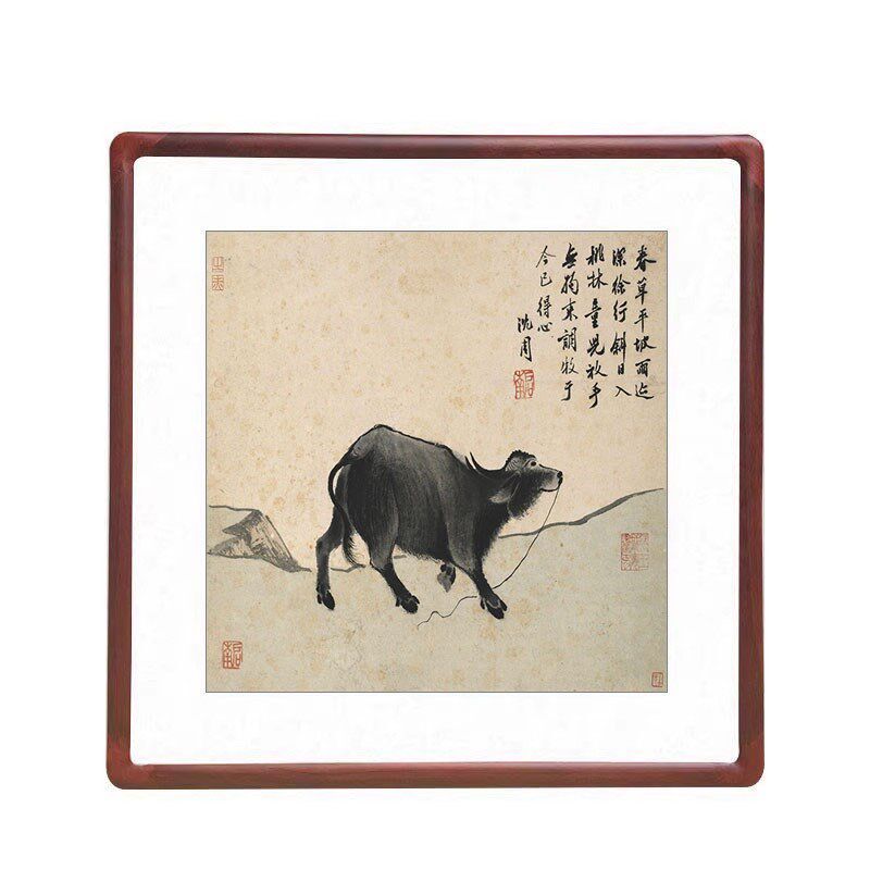 沈周卧游图斗方形字画客厅装饰画玄关走廊过道壁画餐厅动物牛挂画