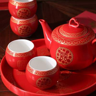中国传统红色陶瓷结婚茶具套装 新款 创意婚庆用品长辈敬茶杯壶婚礼