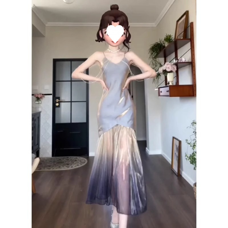 大码早春幻彩鱼尾礼服裙吊带连衣裙女微胖mm绝美收腰显瘦裙子