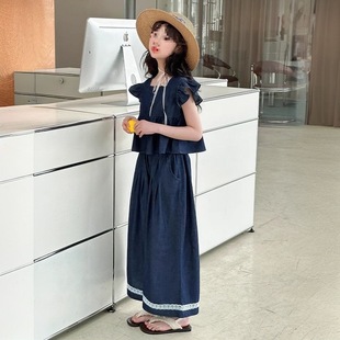 套装 女孩飞袖 女童夏季 2025新款 时髦 薄款 牛仔上衣女孩阔腿裤