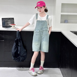 洋氣兒童夏季 夏裝 女童背帶褲 2025新款 子大童牛仔短褲 套裝 褲
