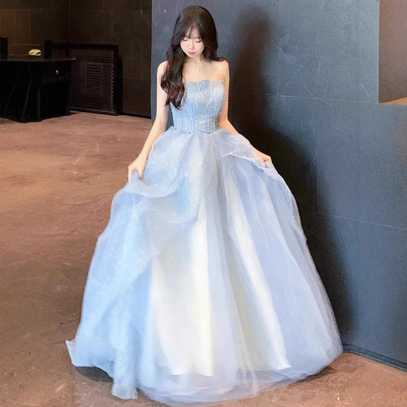 蓝色抹胸礼服蓬蓬裙在逃公主仙女裙轻奢高级感晚礼服主持修身