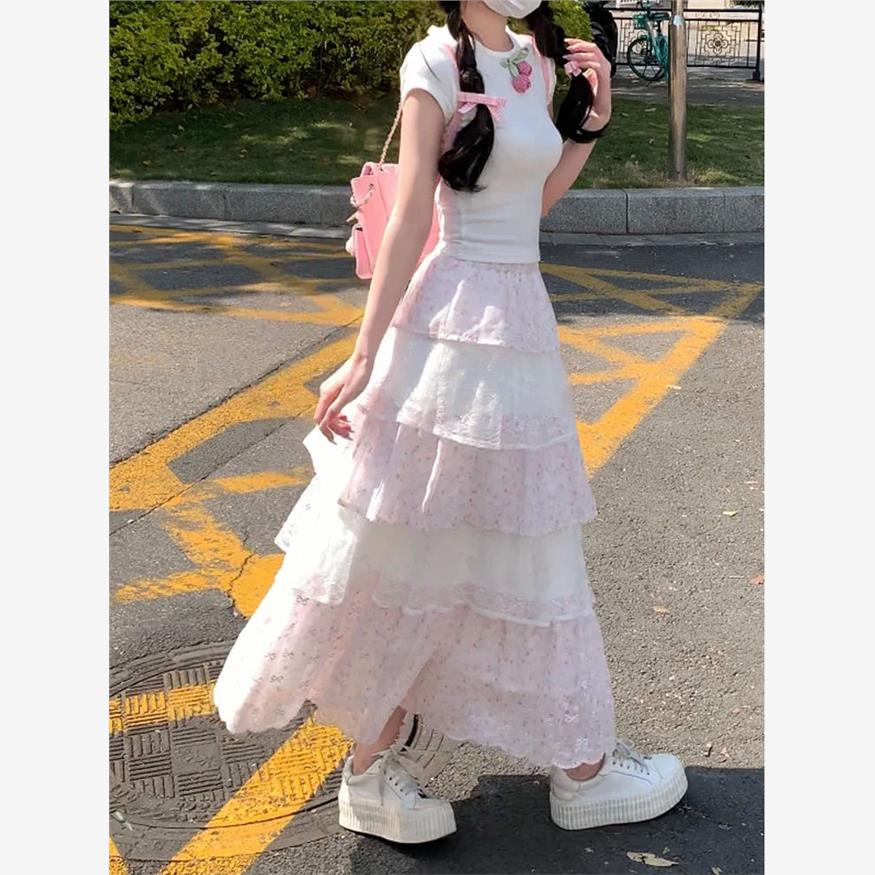 2025年夏季新款甜美白色郁金香上衣T恤+蕾丝拼接蛋糕半身裙两件套
