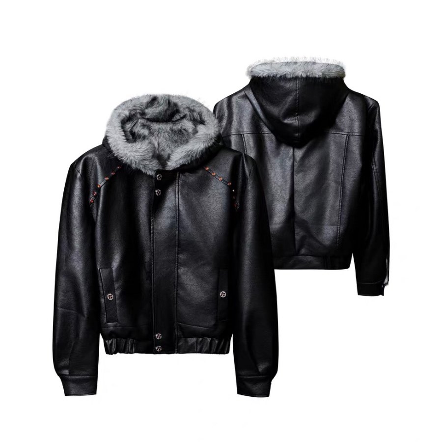 美式机车风黑色连帽毛领皮衣男女冬季加绒加厚座山雕棉衣夹克外套