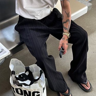 美式复古黑蓝竖条纹宽松直筒cleanfit休闲裤男女可拖地阔腿长裤子